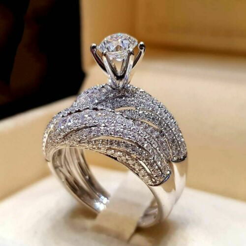 Fashion Blue/White Sapphire Women Wedding Engagement Ring 925 Silver Jewelry
